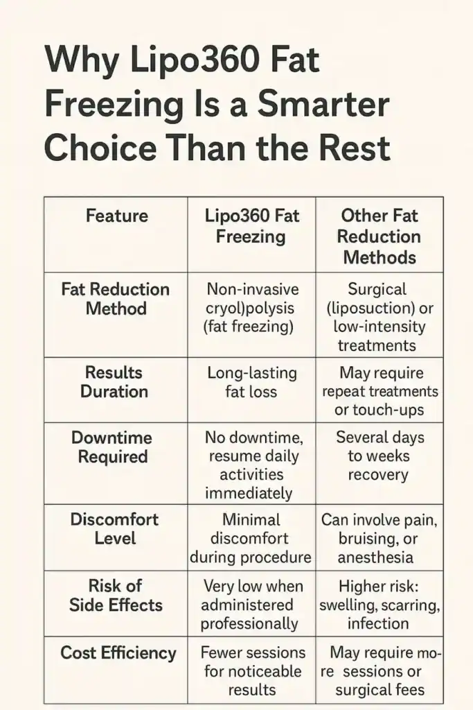 Is it possible to permanently freeze fat cells? 2 Table showing benefits of fat freezing to remove fat cells Buckingham from Lipo 360