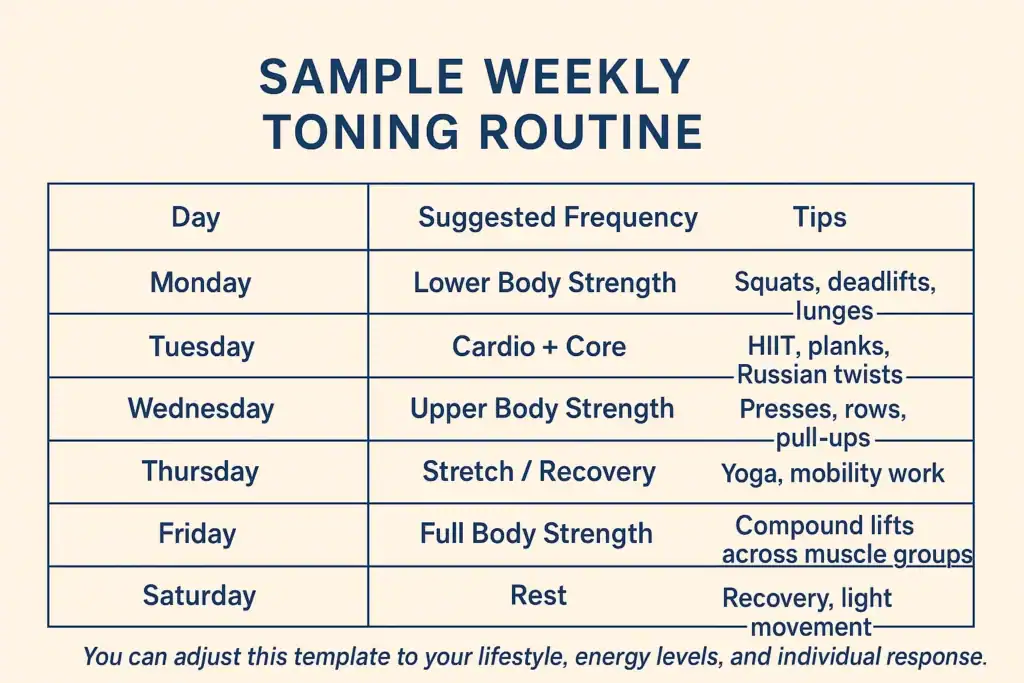 Achieving the Perfect Tone: How Often Should You Exercise for Results? 4 Weekly exercise Buckingham plan graphic